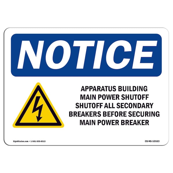 OSHA Notice Sign, 3.5" Height, Apparatus Building Main Power Sign With Symbol, Landscape, 10PK